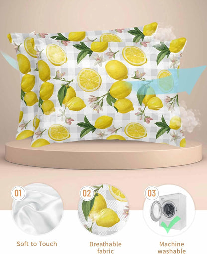 Farmhouse Satin Pillowcase for Hair and Skin King Yellow Lemon Floral Leaf Summer Fruit Farmhouse Grey Plaid Pillow Cases 2 Pack with Zipper, Soft Cooling Similar to Silk Pillow Covers, 20x26 Inch