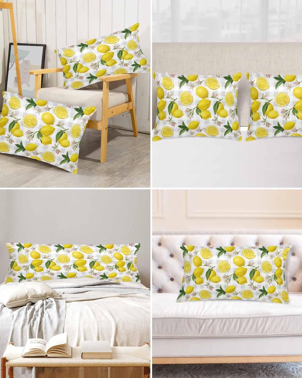 Farmhouse Satin Pillowcase for Hair and Skin King Yellow Lemon Floral Leaf Summer Fruit Farmhouse Grey Plaid Pillow Cases 2 Pack with Zipper, Soft Cooling Similar to Silk Pillow Covers, 20x26 Inch
