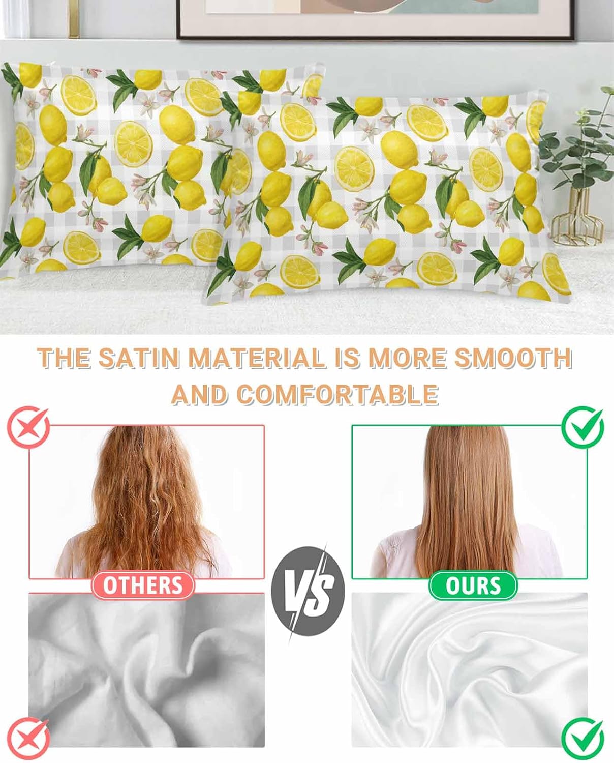 Farmhouse Satin Pillowcase for Hair and Skin King Yellow Lemon Floral Leaf Summer Fruit Farmhouse Grey Plaid Pillow Cases 2 Pack with Zipper, Soft Cooling Similar to Silk Pillow Covers, 20x26 Inch