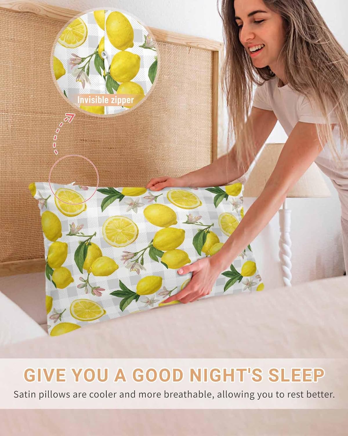 Farmhouse Satin Pillowcase for Hair and Skin King Yellow Lemon Floral Leaf Summer Fruit Farmhouse Grey Plaid Pillow Cases 2 Pack with Zipper, Soft Cooling Similar to Silk Pillow Covers, 20x26 Inch