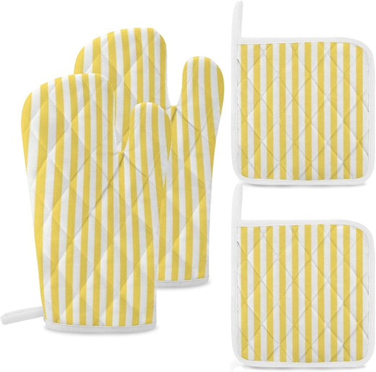 4Pcs Oven Mitts and Potholders, Yellow and White Stripes Pattern Oven Mitts Gloves Set Heat Resistant Hot Pads for Kitchen Cooking Grill