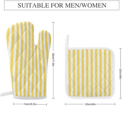 4Pcs Oven Mitts and Potholders, Yellow and White Stripes Pattern Oven Mitts Gloves Set Heat Resistant Hot Pads for Kitchen Cooking Grill