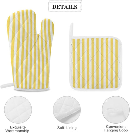 4Pcs Oven Mitts and Potholders, Yellow and White Stripes Pattern Oven Mitts Gloves Set Heat Resistant Hot Pads for Kitchen Cooking Grill