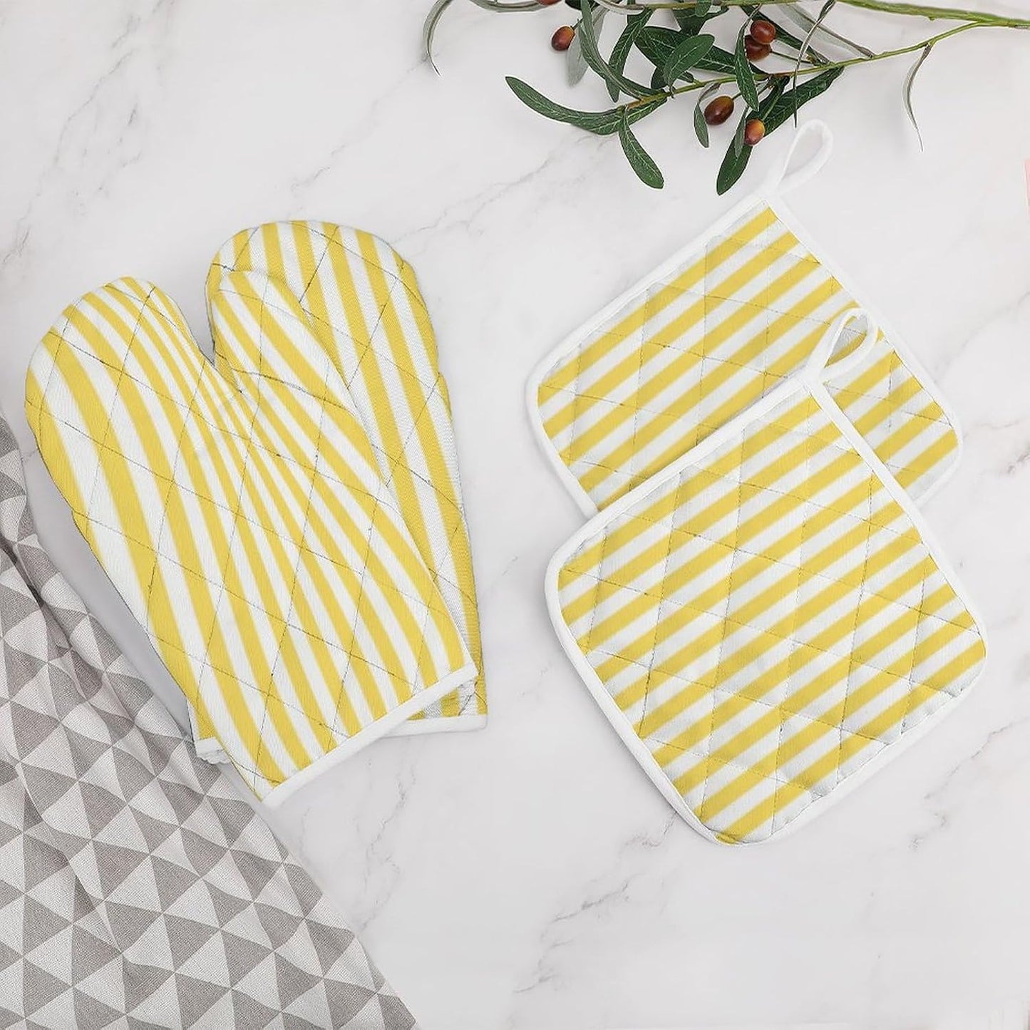 4Pcs Oven Mitts and Potholders, Yellow and White Stripes Pattern Oven Mitts Gloves Set Heat Resistant Hot Pads for Kitchen Cooking Grill