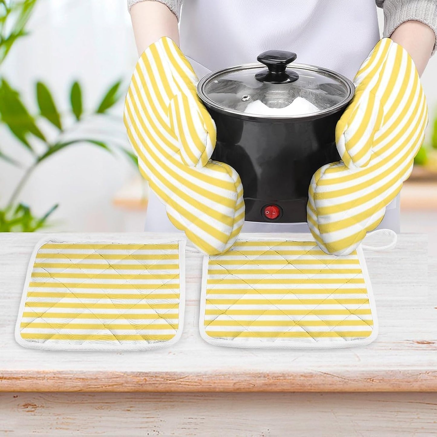 4Pcs Oven Mitts and Potholders, Yellow and White Stripes Pattern Oven Mitts Gloves Set Heat Resistant Hot Pads for Kitchen Cooking Grill