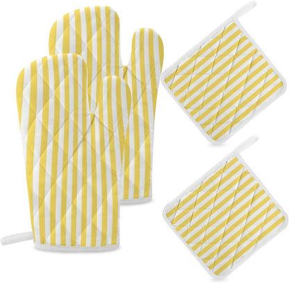 4Pcs Oven Mitts and Potholders, Yellow and White Stripes Pattern Oven Mitts Gloves Set Heat Resistant Hot Pads for Kitchen Cooking Grill
