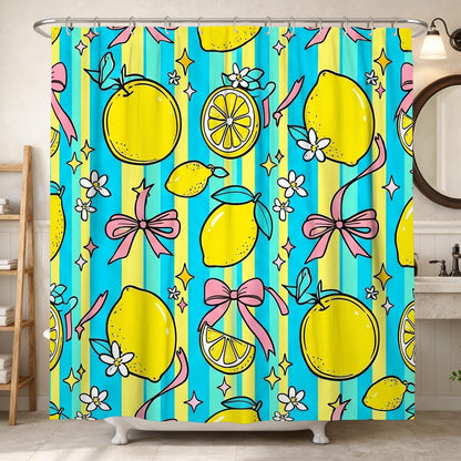 Lemon Shower Curtain, Summer Playful Flower Ribbon Summer Yellow Waterproof Fabric Decorative Bathroom Curtain Decor for Bathroom Guest Room 62x72 Inch