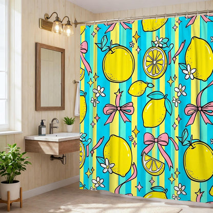 Lemon Shower Curtain, Summer Playful Flower Ribbon Summer Yellow Waterproof Fabric Decorative Bathroom Curtain Decor for Bathroom Guest Room 62x72 Inch