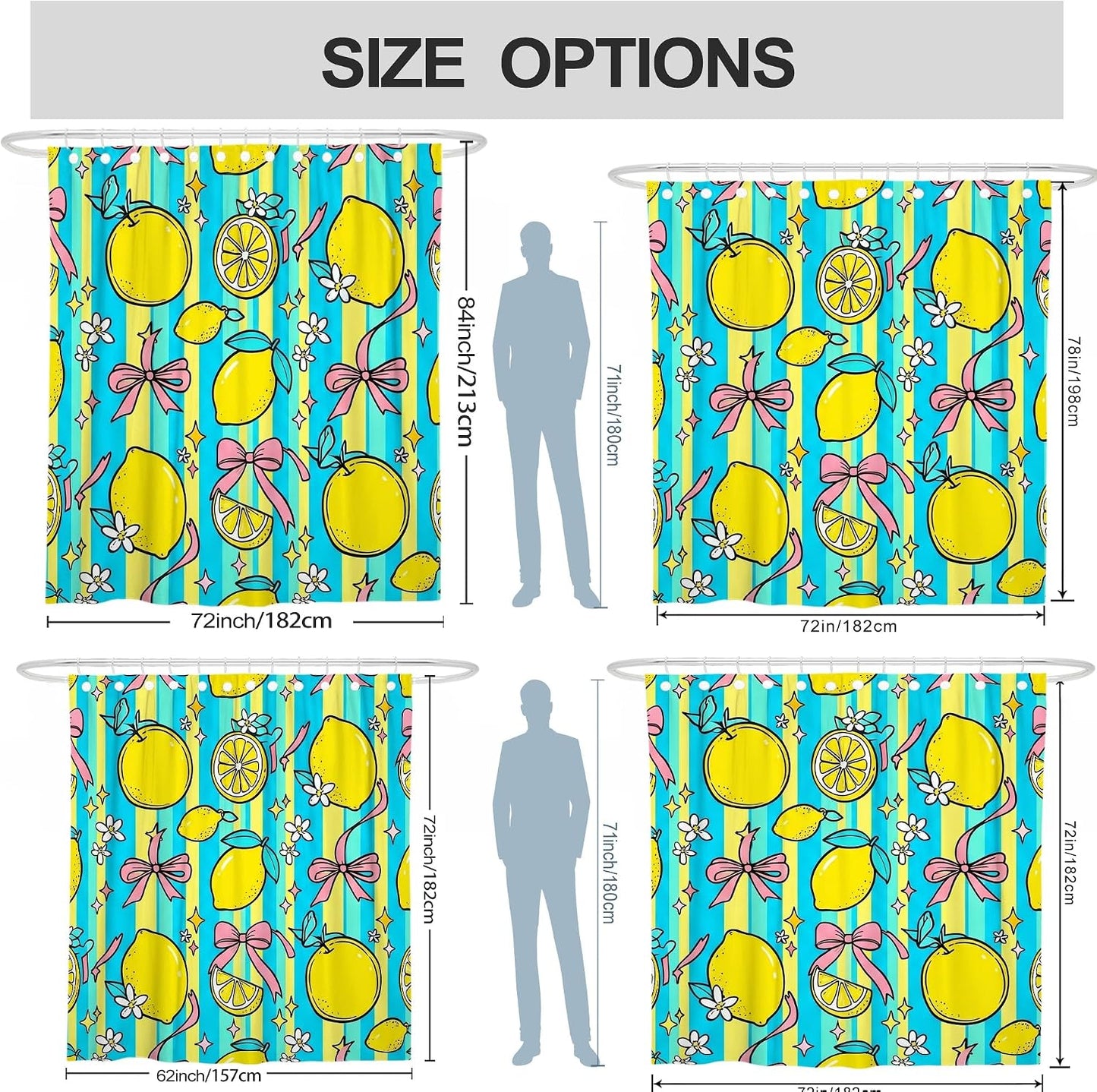 Lemon Shower Curtain, Summer Playful Flower Ribbon Summer Yellow Waterproof Fabric Decorative Bathroom Curtain Decor for Bathroom Guest Room 62x72 Inch