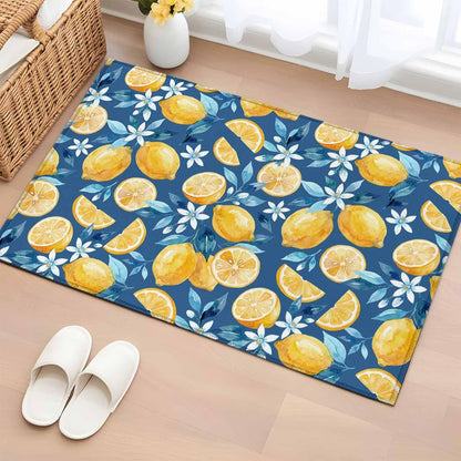Area Rug 2 x 3 Ft, Yellow Lemon Blue Floral Indoor Accent Bathroom Rugs for Kitchen/Laundry Room, Summer Botanical Navy Blue Washable Non-Slip Runner Floor Mat for Entryway, Living Room