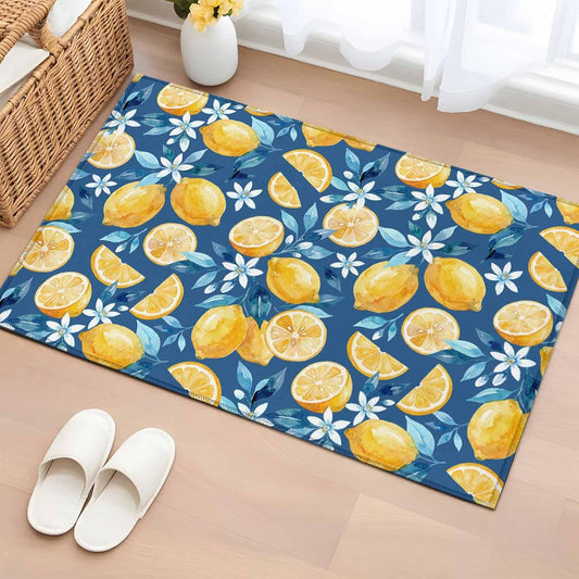 Area Rug 2 x 3 Ft, Yellow Lemon Blue Floral Indoor Accent Bathroom Rugs for Kitchen/Laundry Room, Summer Botanical Navy Blue Washable Non-Slip Runner Floor Mat for Entryway, Living Room