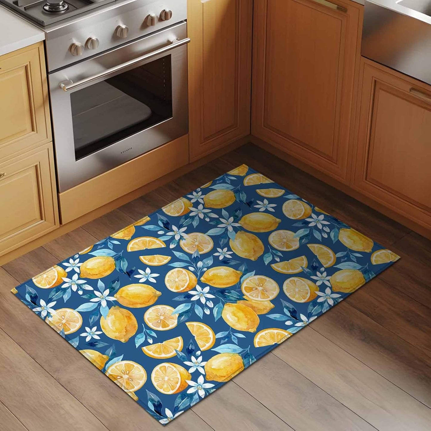 Area Rug 2 x 3 Ft, Yellow Lemon Blue Floral Indoor Accent Bathroom Rugs for Kitchen/Laundry Room, Summer Botanical Navy Blue Washable Non-Slip Runner Floor Mat for Entryway, Living Room