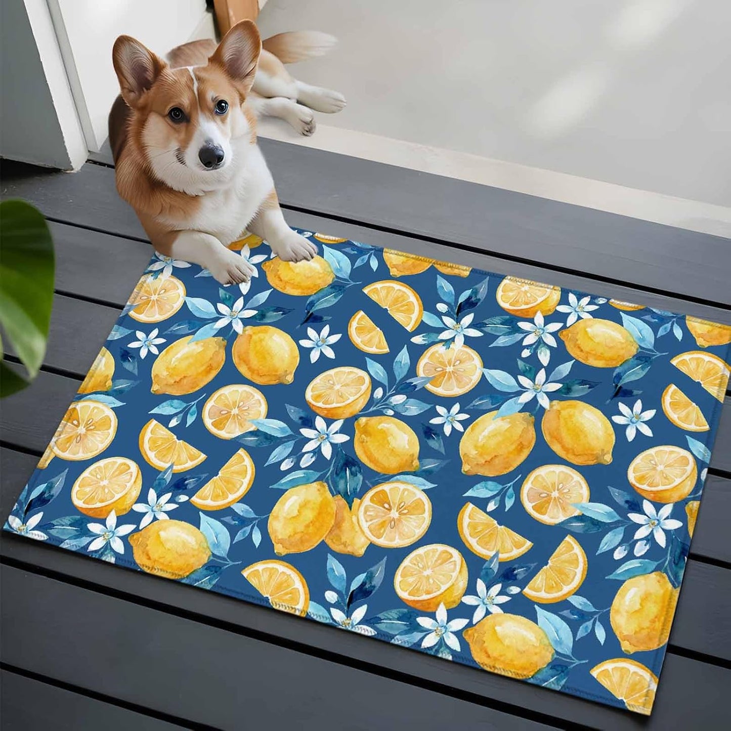 Area Rug 2 x 3 Ft, Yellow Lemon Blue Floral Indoor Accent Bathroom Rugs for Kitchen/Laundry Room, Summer Botanical Navy Blue Washable Non-Slip Runner Floor Mat for Entryway, Living Room