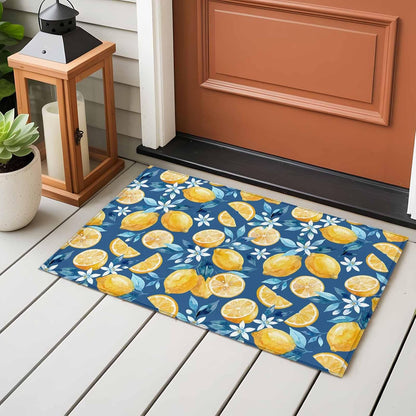Area Rug 2 x 3 Ft, Yellow Lemon Blue Floral Indoor Accent Bathroom Rugs for Kitchen/Laundry Room, Summer Botanical Navy Blue Washable Non-Slip Runner Floor Mat for Entryway, Living Room