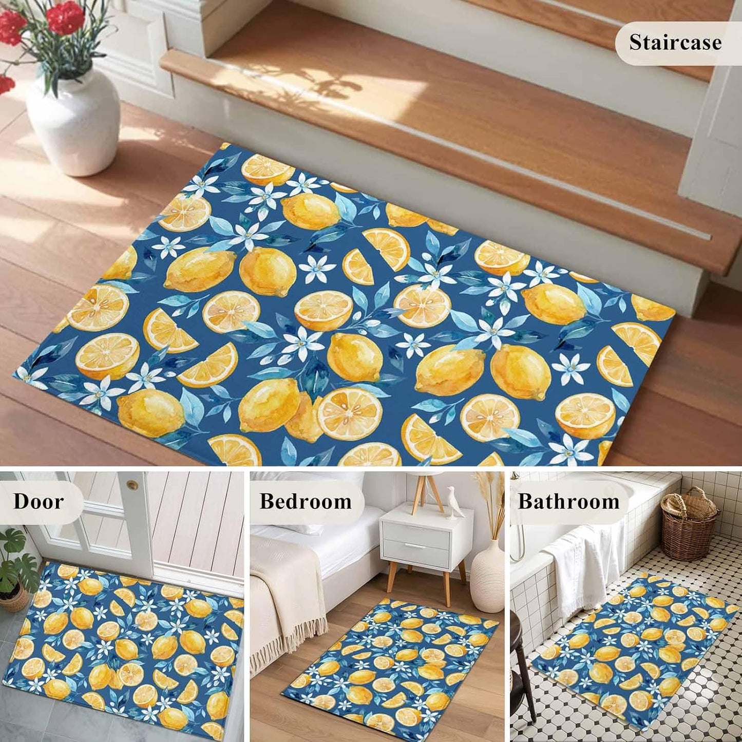 Area Rug 2 x 3 Ft, Yellow Lemon Blue Floral Indoor Accent Bathroom Rugs for Kitchen/Laundry Room, Summer Botanical Navy Blue Washable Non-Slip Runner Floor Mat for Entryway, Living Room