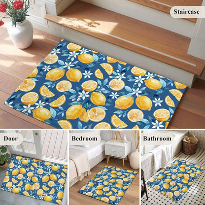 Area Rug 2 x 3 Ft, Yellow Lemon Blue Floral Indoor Accent Bathroom Rugs for Kitchen/Laundry Room, Summer Botanical Navy Blue Washable Non-Slip Runner Floor Mat for Entryway, Living Room