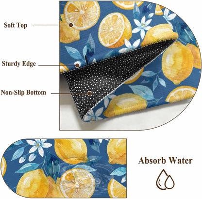 Area Rug 2 x 3 Ft, Yellow Lemon Blue Floral Indoor Accent Bathroom Rugs for Kitchen/Laundry Room, Summer Botanical Navy Blue Washable Non-Slip Runner Floor Mat for Entryway, Living Room