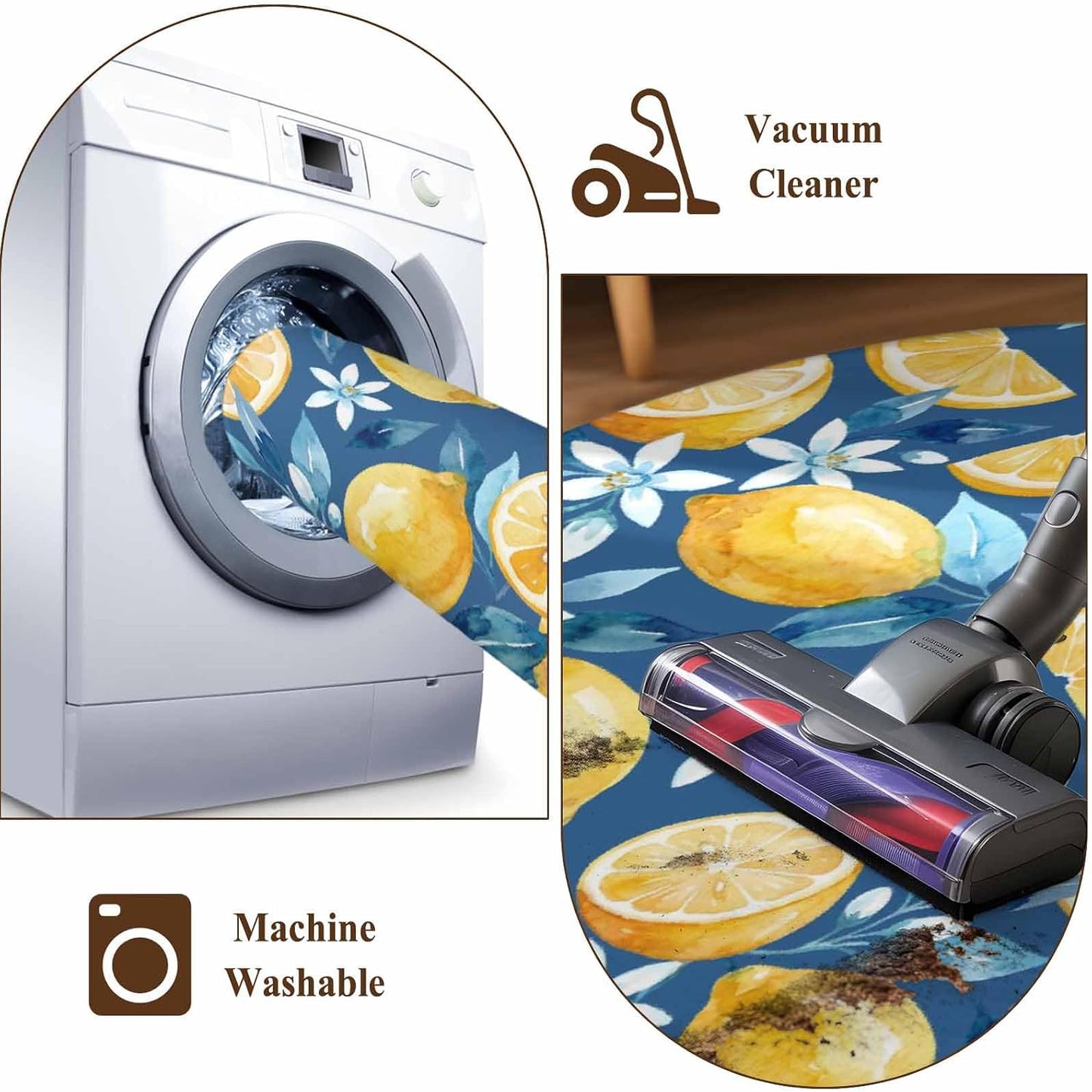 Area Rug 2 x 3 Ft, Yellow Lemon Blue Floral Indoor Accent Bathroom Rugs for Kitchen/Laundry Room, Summer Botanical Navy Blue Washable Non-Slip Runner Floor Mat for Entryway, Living Room
