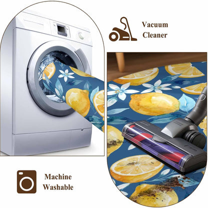 Area Rug 2 x 3 Ft, Yellow Lemon Blue Floral Indoor Accent Bathroom Rugs for Kitchen/Laundry Room, Summer Botanical Navy Blue Washable Non-Slip Runner Floor Mat for Entryway, Living Room