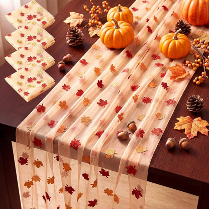 4 Pcs Fall Maple Leaves Table Runners 29.5 x 70 Inch Glitter Orange Tulle Table Runners Yellow Maple Leaves Lace Tablecloth for Autumn Thanksgiving Party Favors Home Kitchen Dining Decor