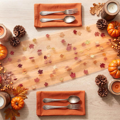 4 Pcs Fall Maple Leaves Table Runners 29.5 x 70 Inch Glitter Orange Tulle Table Runners Yellow Maple Leaves Lace Tablecloth for Autumn Thanksgiving Party Favors Home Kitchen Dining Decor