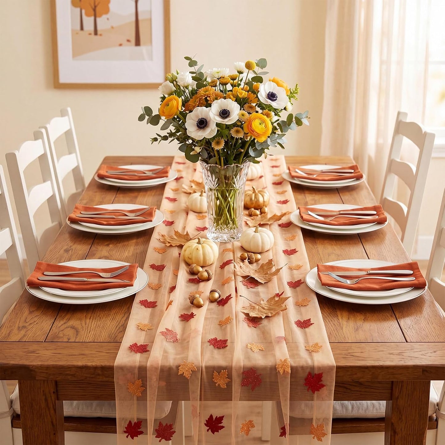 4 Pcs Fall Maple Leaves Table Runners 29.5 x 70 Inch Glitter Orange Tulle Table Runners Yellow Maple Leaves Lace Tablecloth for Autumn Thanksgiving Party Favors Home Kitchen Dining Decor