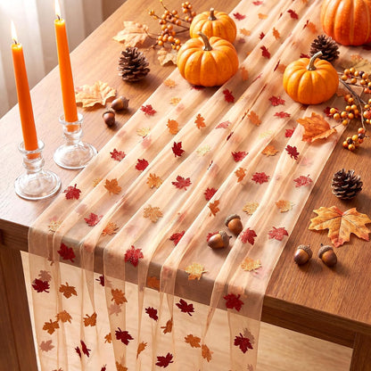 4 Pcs Fall Maple Leaves Table Runners 29.5 x 70 Inch Glitter Orange Tulle Table Runners Yellow Maple Leaves Lace Tablecloth for Autumn Thanksgiving Party Favors Home Kitchen Dining Decor
