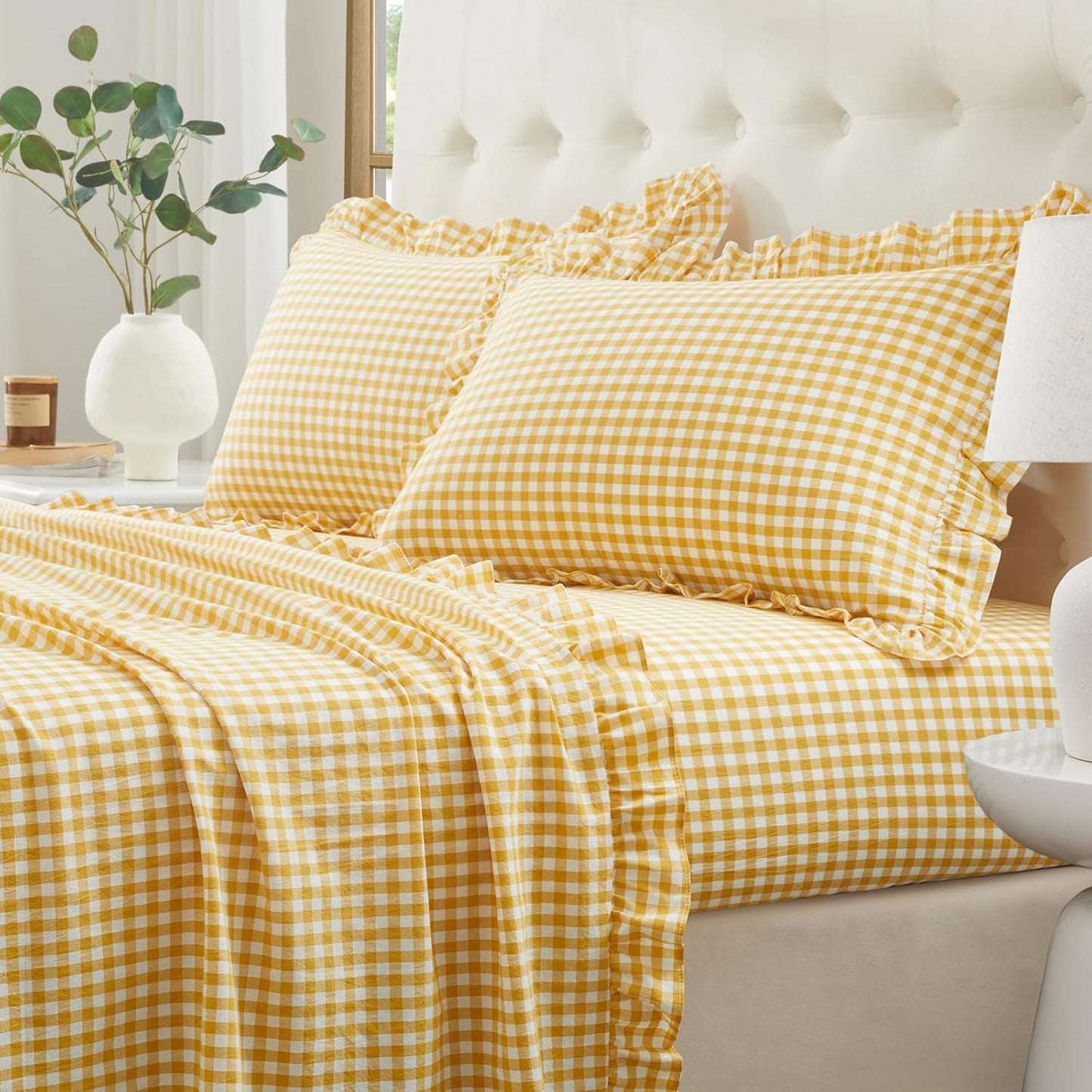 Ruffle Gingham Queen Sheet Set, Yellow, 4 Piece | Plaid Cotton Bed Sheets Queen Size, 16 Inch Deep Pocket, Checkered Ruffled, Farmhouse Decor, Linen-Feel & Breathable