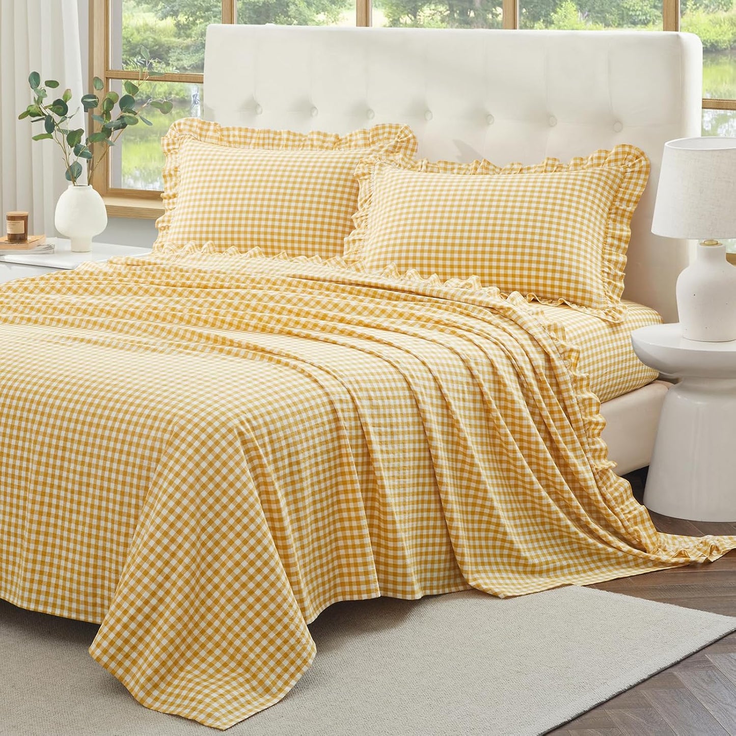 Ruffle Gingham Queen Sheet Set, Yellow, 4 Piece | Plaid Cotton Bed Sheets Queen Size, 16 Inch Deep Pocket, Checkered Ruffled, Farmhouse Decor, Linen-Feel & Breathable
