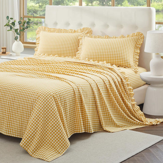 Ruffle Gingham Queen Sheet Set, Yellow, 4 Piece | Plaid Cotton Bed Sheets Queen Size, 16 Inch Deep Pocket, Checkered Ruffled, Farmhouse Decor, Linen-Feel & Breathable