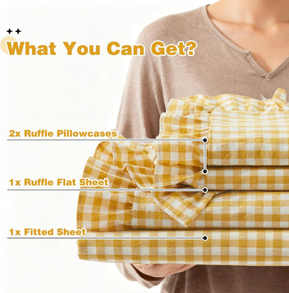 Ruffle Gingham Queen Sheet Set, Yellow, 4 Piece | Plaid Cotton Bed Sheets Queen Size, 16 Inch Deep Pocket, Checkered Ruffled, Farmhouse Decor, Linen-Feel & Breathable