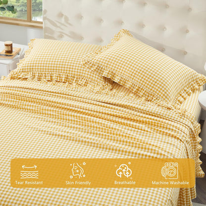 Ruffle Gingham Queen Sheet Set, Yellow, 4 Piece | Plaid Cotton Bed Sheets Queen Size, 16 Inch Deep Pocket, Checkered Ruffled, Farmhouse Decor, Linen-Feel & Breathable