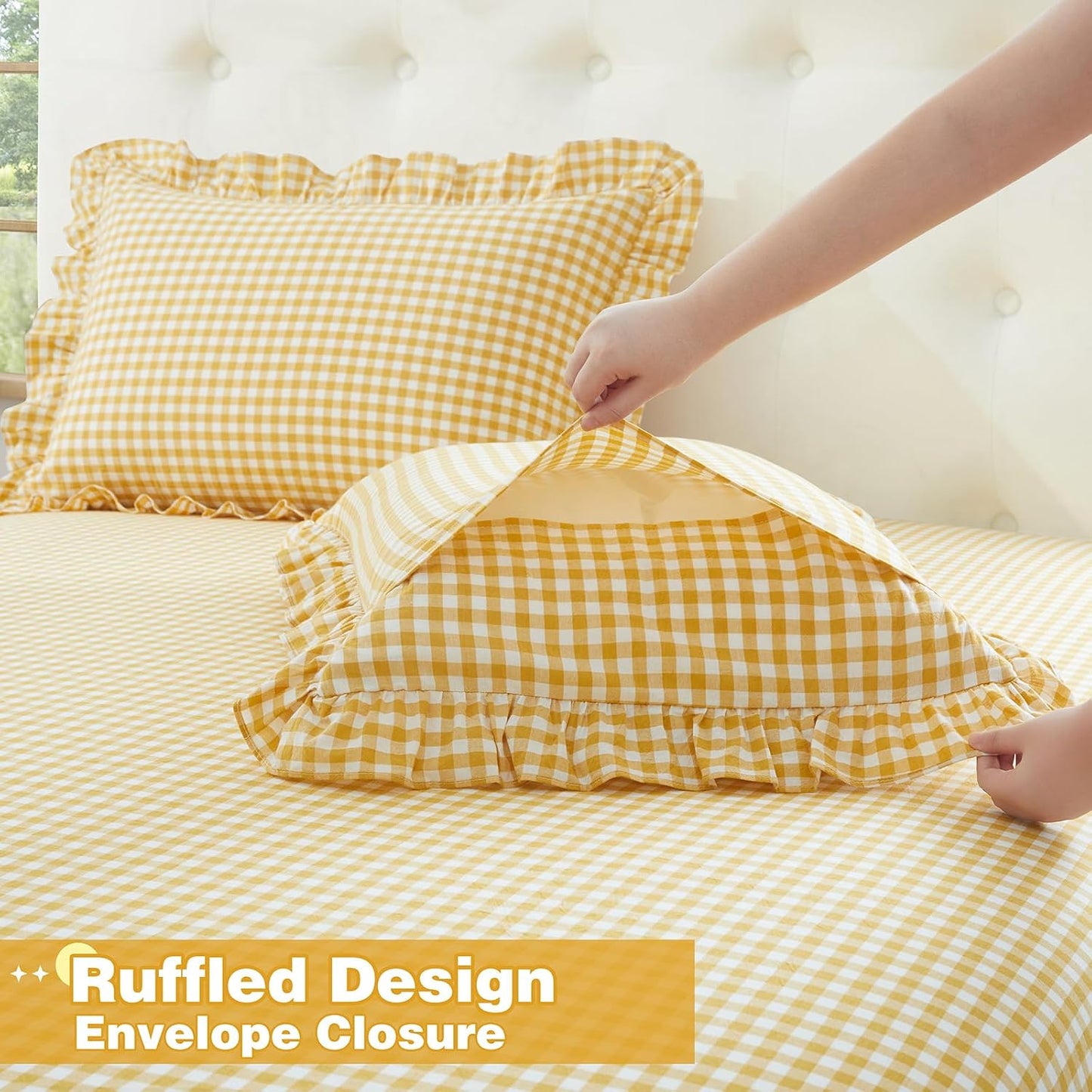 Ruffle Gingham Queen Sheet Set, Yellow, 4 Piece | Plaid Cotton Bed Sheets Queen Size, 16 Inch Deep Pocket, Checkered Ruffled, Farmhouse Decor, Linen-Feel & Breathable