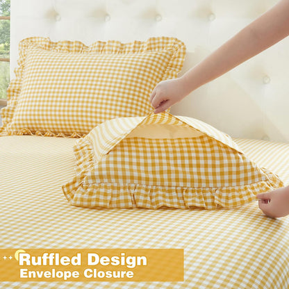 Ruffle Gingham Queen Sheet Set, Yellow, 4 Piece | Plaid Cotton Bed Sheets Queen Size, 16 Inch Deep Pocket, Checkered Ruffled, Farmhouse Decor, Linen-Feel & Breathable