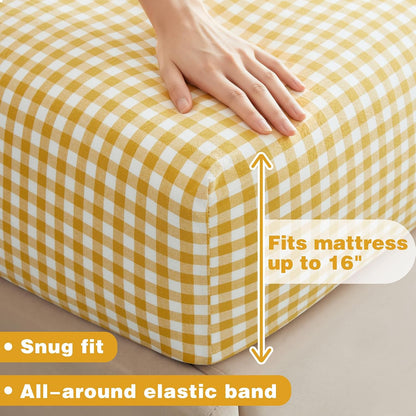 Ruffle Gingham Queen Sheet Set, Yellow, 4 Piece | Plaid Cotton Bed Sheets Queen Size, 16 Inch Deep Pocket, Checkered Ruffled, Farmhouse Decor, Linen-Feel & Breathable