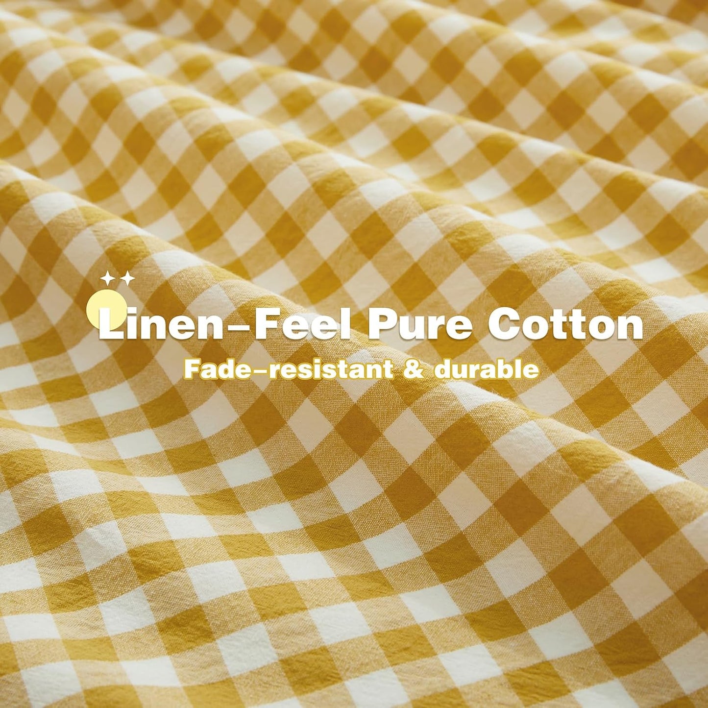 Ruffle Gingham Queen Sheet Set, Yellow, 4 Piece | Plaid Cotton Bed Sheets Queen Size, 16 Inch Deep Pocket, Checkered Ruffled, Farmhouse Decor, Linen-Feel & Breathable