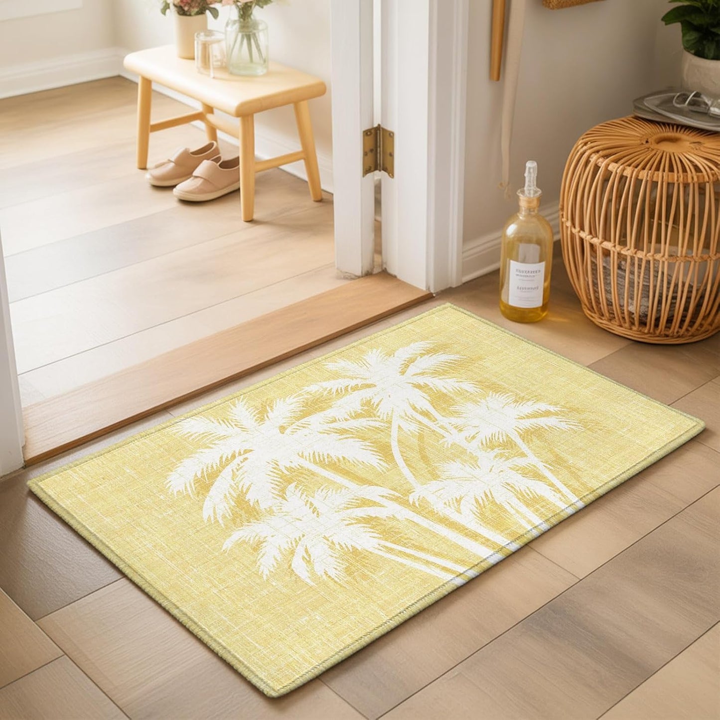Coastal Tropical Area Rugs for Living Room 2x3ft Non-Slip Rectangle Carpet Summer Palm Trees Silhouettes Light Yellow Washable Entryway Indoor Floor Rugs for Bedroom Dining Room Office Home Decor