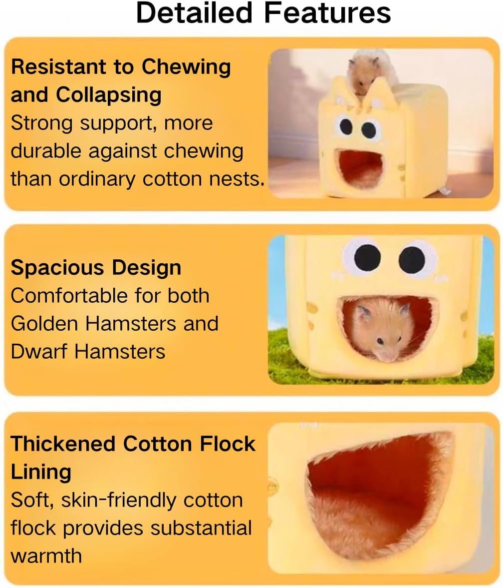 Hamster Warm Bed House Fleece Hut Cute Toy Nest Hideout for Mini Small Animal Mice, Sugar Glider, Dwarf Hamster, Fancy Rat (Yellow,Small)
