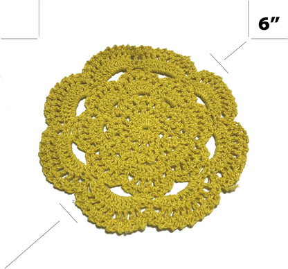 6inch Crochet Cotton Lace Table Placemats Doilies for Cup or Glass Value Pack 6pcs Handmade (Yellow)