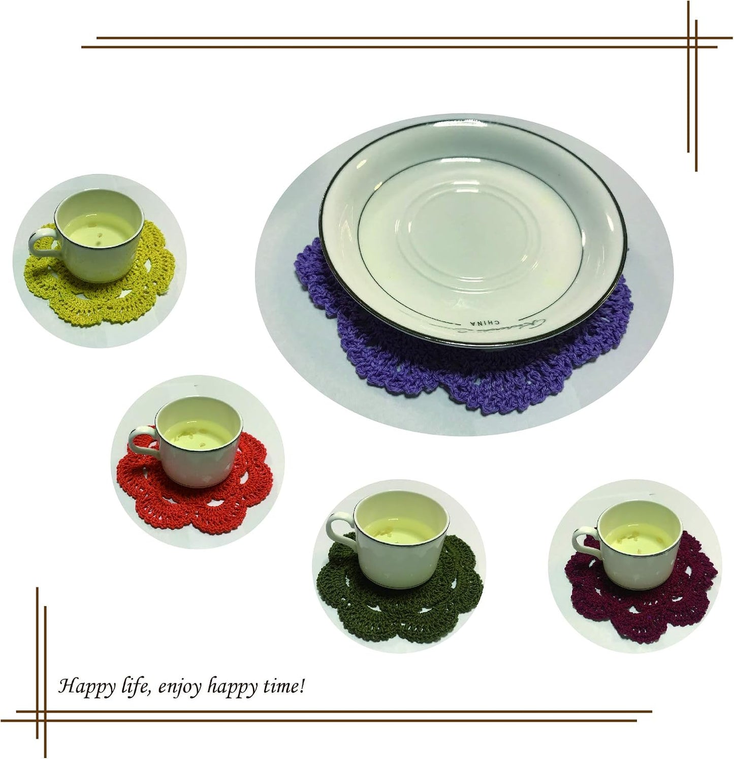 6inch Crochet Cotton Lace Table Placemats Doilies for Cup or Glass Value Pack 6pcs Handmade (Yellow)