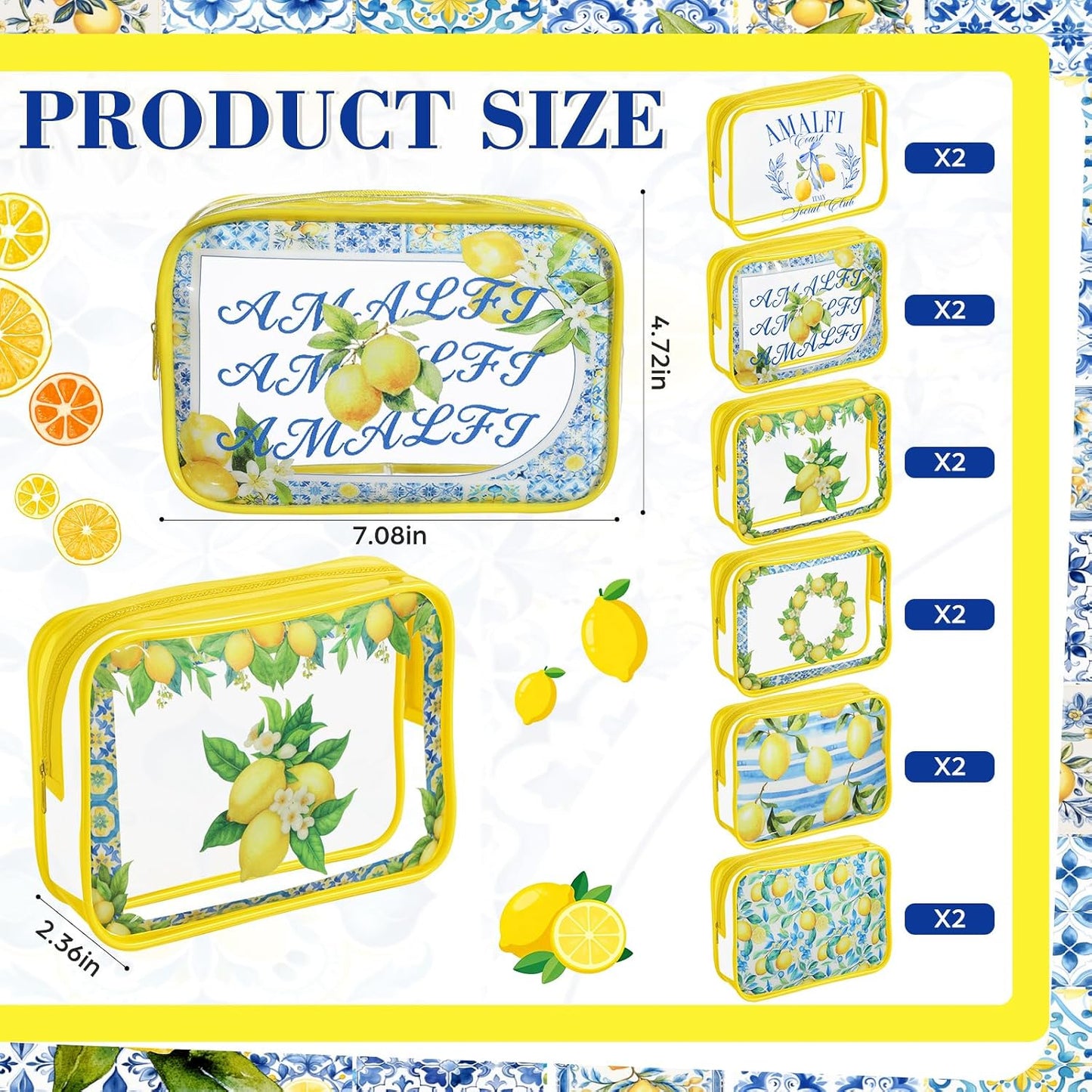 12 Pcs Italian Lemon Makeup Bags Gifts for Women PVC Italy Travel Souvenir Lemon Portable Cosmetic Bags 7 x 4.3 x 2.4 '' Amalfi Coast Gifts Waterproof Zippered Toiletry Pouch for Women