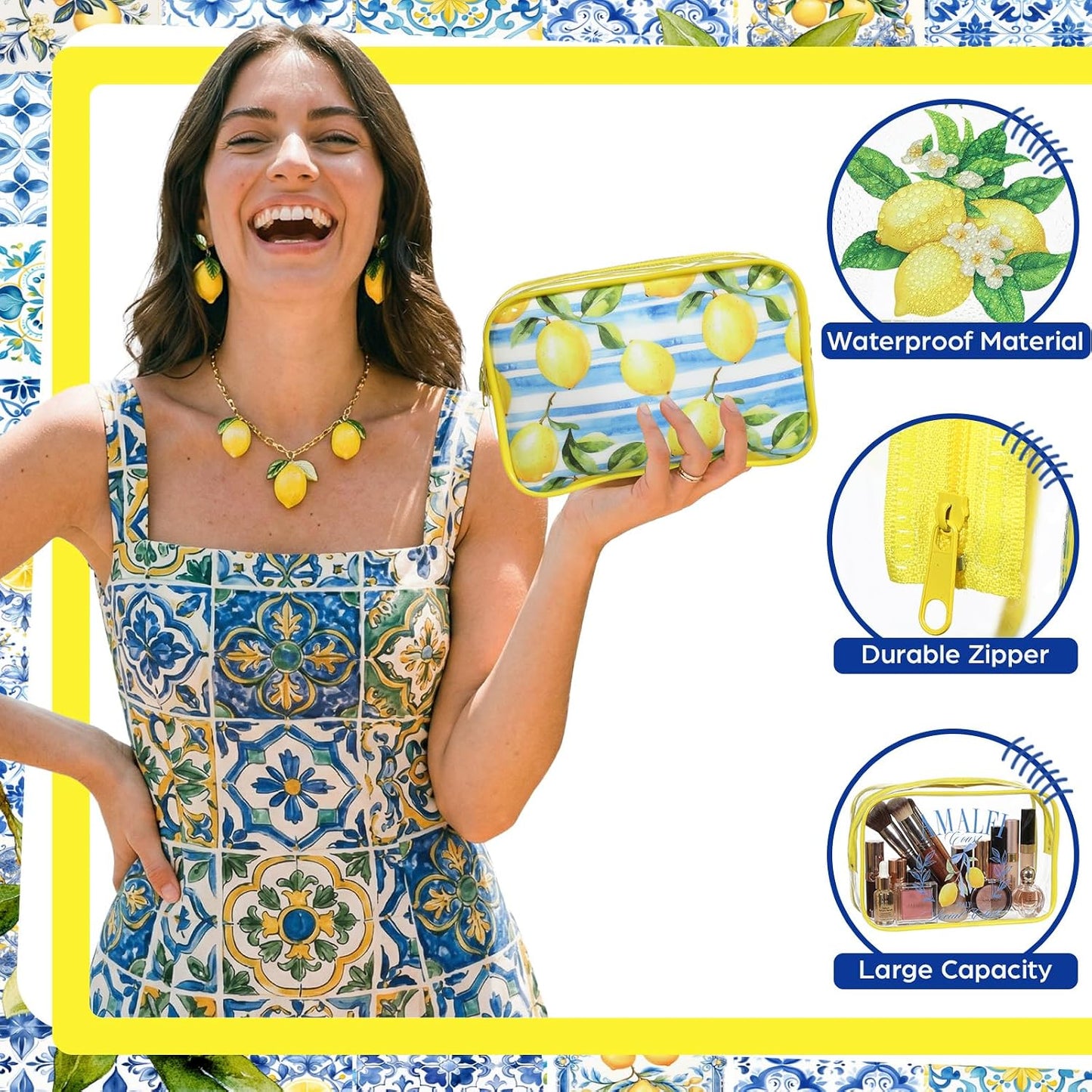 12 Pcs Italian Lemon Makeup Bags Gifts for Women PVC Italy Travel Souvenir Lemon Portable Cosmetic Bags 7 x 4.3 x 2.4 '' Amalfi Coast Gifts Waterproof Zippered Toiletry Pouch for Women