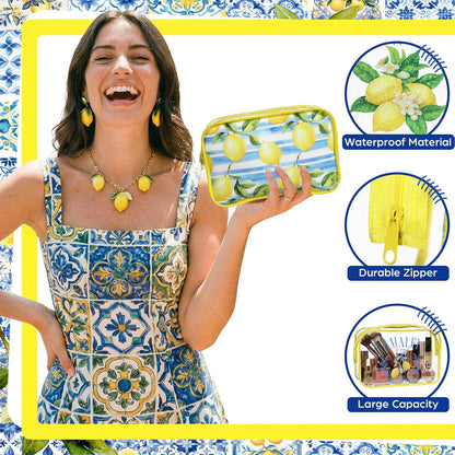 12 Pcs Italian Lemon Makeup Bags Gifts for Women PVC Italy Travel Souvenir Lemon Portable Cosmetic Bags 7 x 4.3 x 2.4 '' Amalfi Coast Gifts Waterproof Zippered Toiletry Pouch for Women