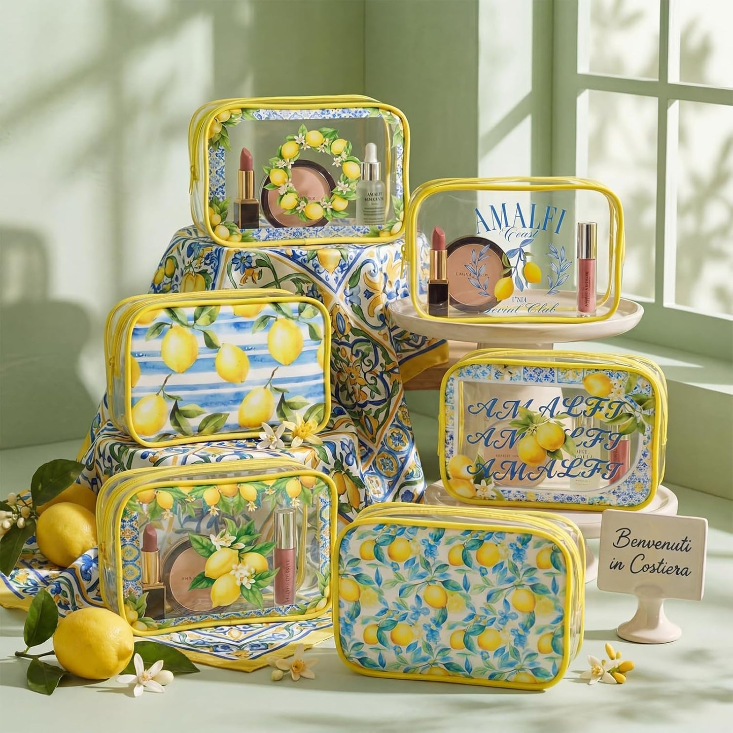 12 Pcs Italian Lemon Makeup Bags Gifts for Women PVC Italy Travel Souvenir Lemon Portable Cosmetic Bags 7 x 4.3 x 2.4 '' Amalfi Coast Gifts Waterproof Zippered Toiletry Pouch for Women