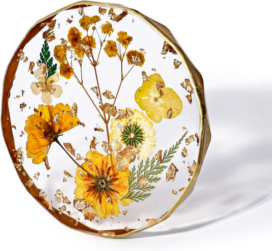 Resin Coaster with Real Dried Flowers, Yellow | Polygon Shape, Cute Cup Mat, For Desk, Coffee Table, Home, Office & Outdoor, Ideal Gift for Women & Girls
