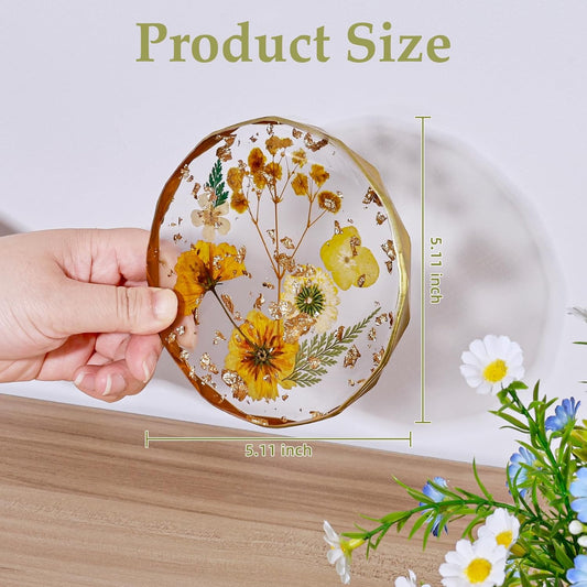 Resin Coaster with Real Dried Flowers, Yellow | Polygon Shape, Cute Cup Mat, For Desk, Coffee Table, Home, Office & Outdoor, Ideal Gift for Women & Girls