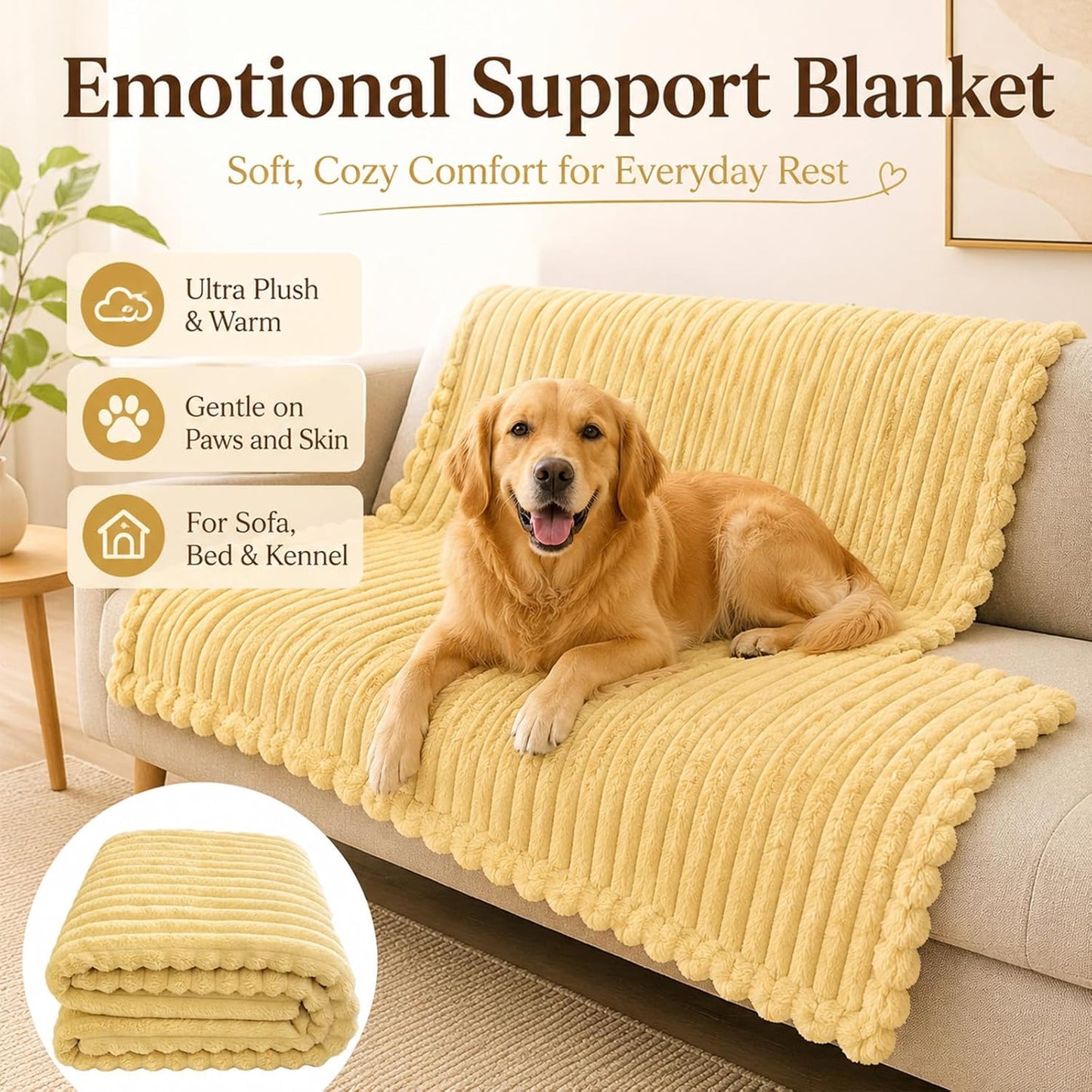 Emotional Support Blanket Yellow, Security Blanket, Calming Dog Blanket, Rabbit Hair Plush, Designed for Pets, Soft and Comfortable for Indoors Sofa, Kennel (Yellow, 27.56 * 39.37")
