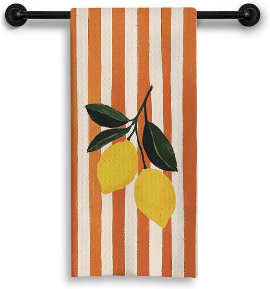 Lemon Kitchen Dish Towels, Lemon Gifts for Women, Orange and White Striped Fruit Decorative Hand Tea Towels for Kitchen Bathroom, 16x24 Inch
