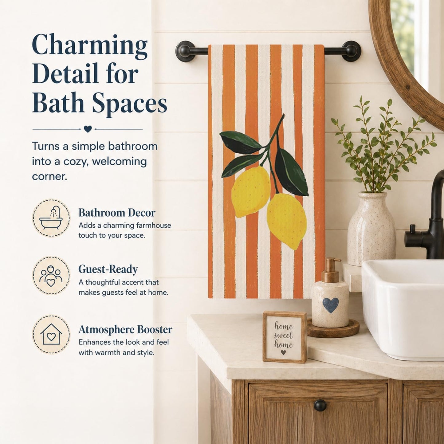 Lemon Kitchen Dish Towels, Lemon Gifts for Women, Orange and White Striped Fruit Decorative Hand Tea Towels for Kitchen Bathroom, 16x24 Inch