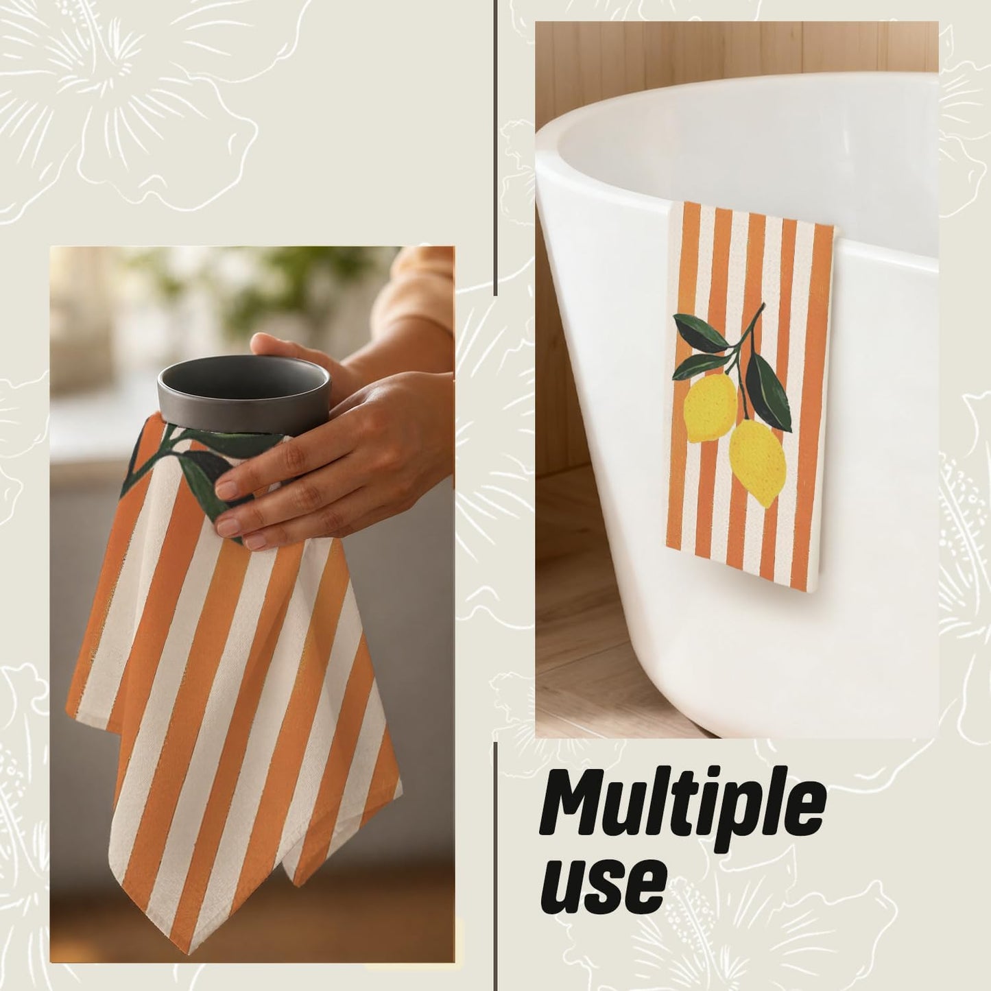 Lemon Kitchen Dish Towels, Lemon Gifts for Women, Orange and White Striped Fruit Decorative Hand Tea Towels for Kitchen Bathroom, 16x24 Inch
